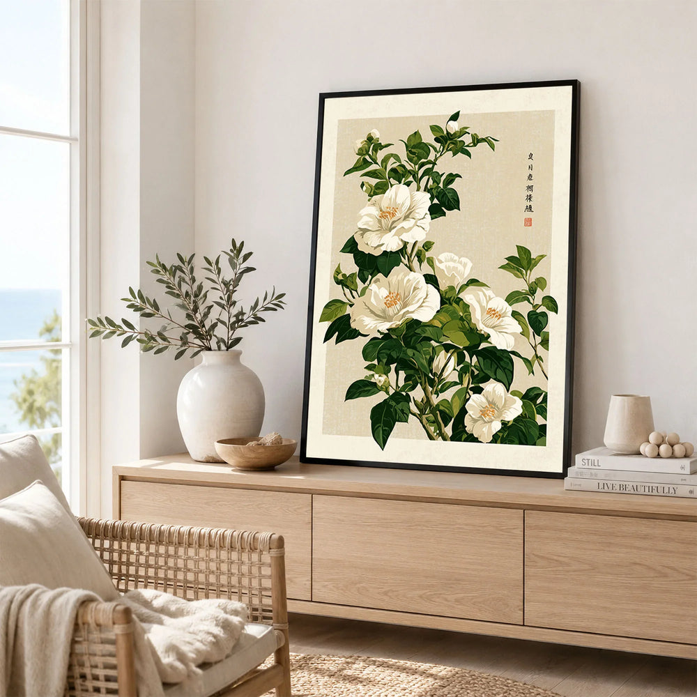 White Camellia Art Print – Vintage Japanese Botanical Wall Art — framed artwork living room lifestyle setting