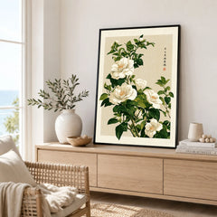 White Camellia Art Print – Vintage Japanese Botanical Wall Art — framed artwork living room lifestyle setting