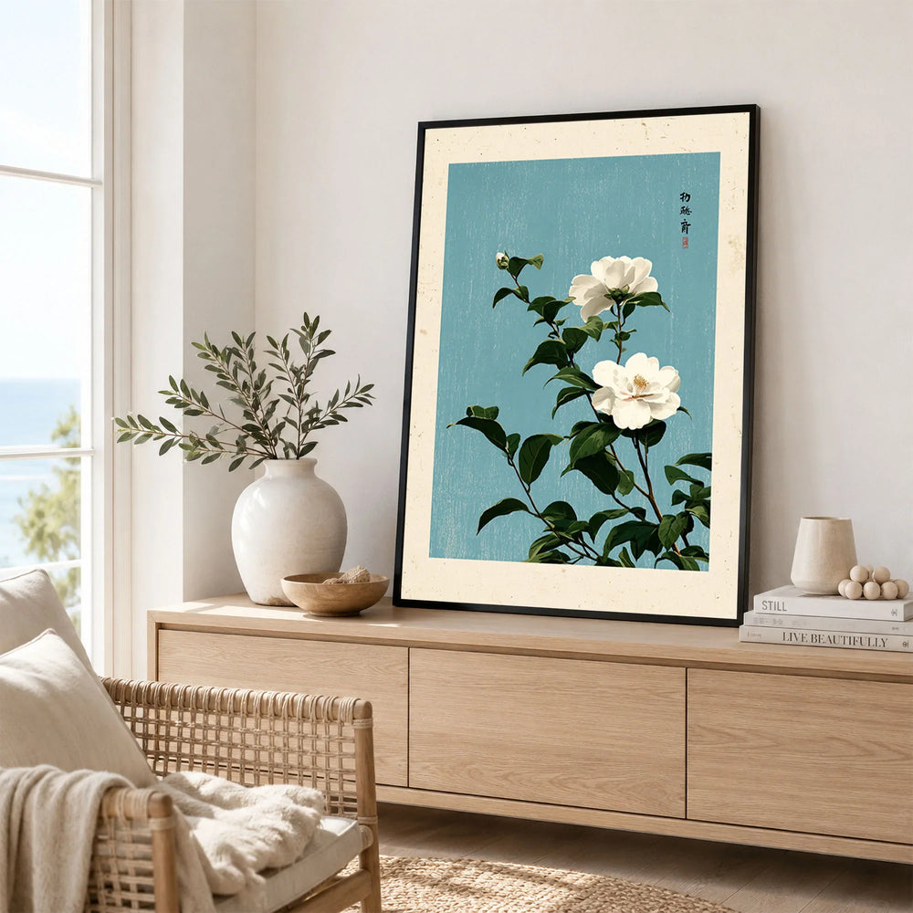 Camellia Wall Art – Blue Japanese Botanical Print — framed artwork living room lifestyle setting