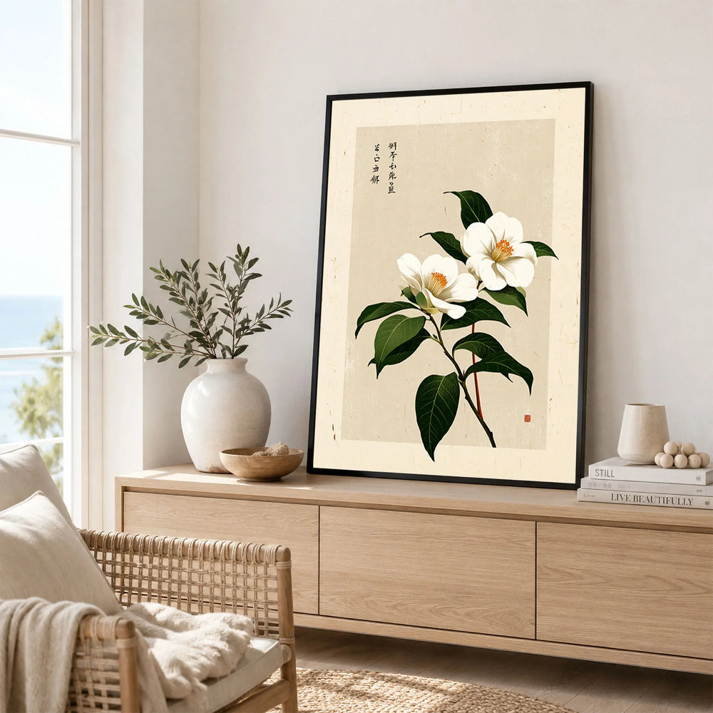 Camellia Art Print – Vintage Japanese Flower Wall Art — framed artwork living room lifestyle setting