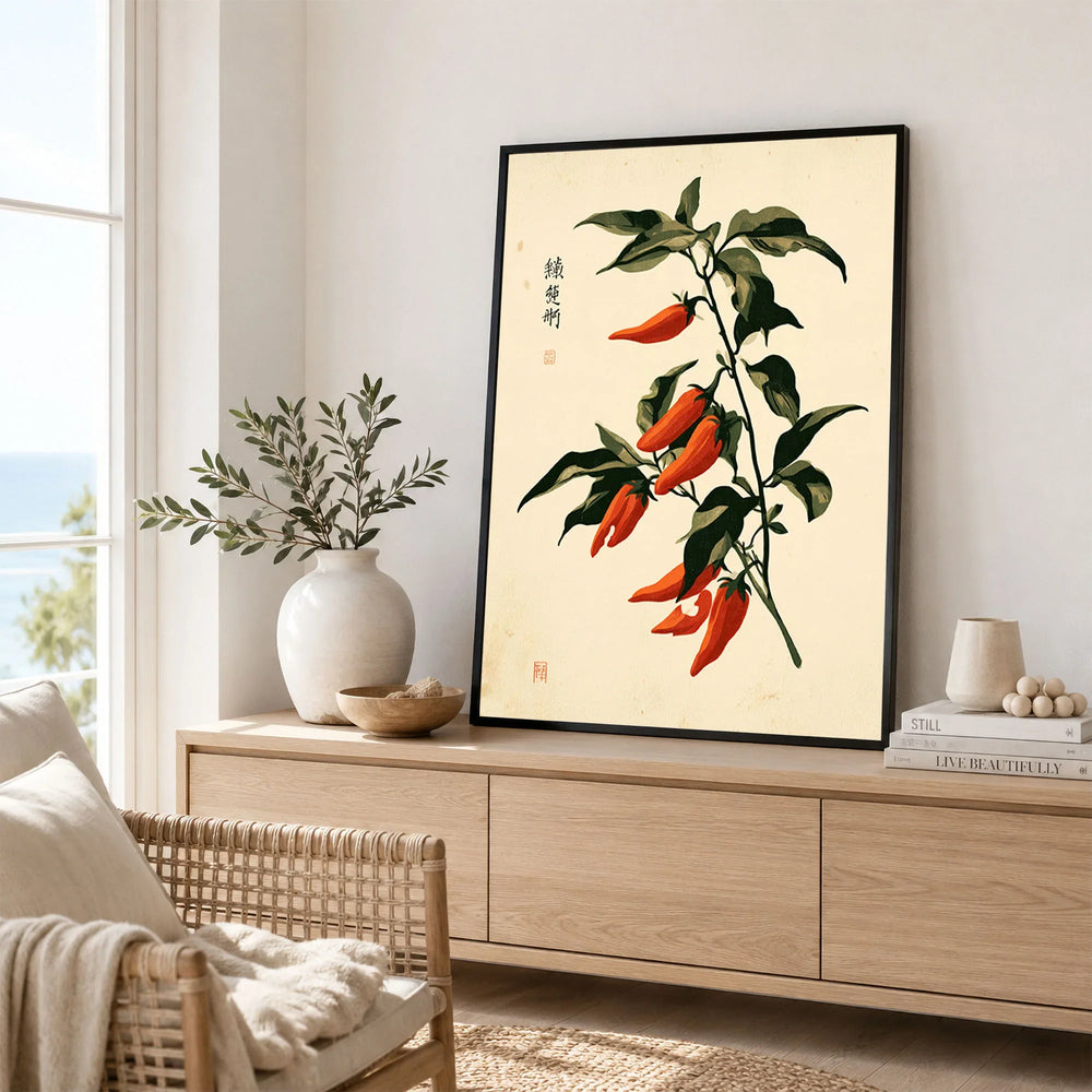 Red Chilli Art Print – Japanese Botanical Kitchen Wall Art — framed artwork living room lifestyle setting