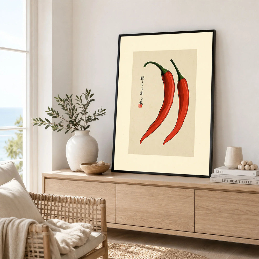 Chilli Pepper Wall Art – Minimalist Japanese Kitchen Print — framed artwork living room lifestyle setting