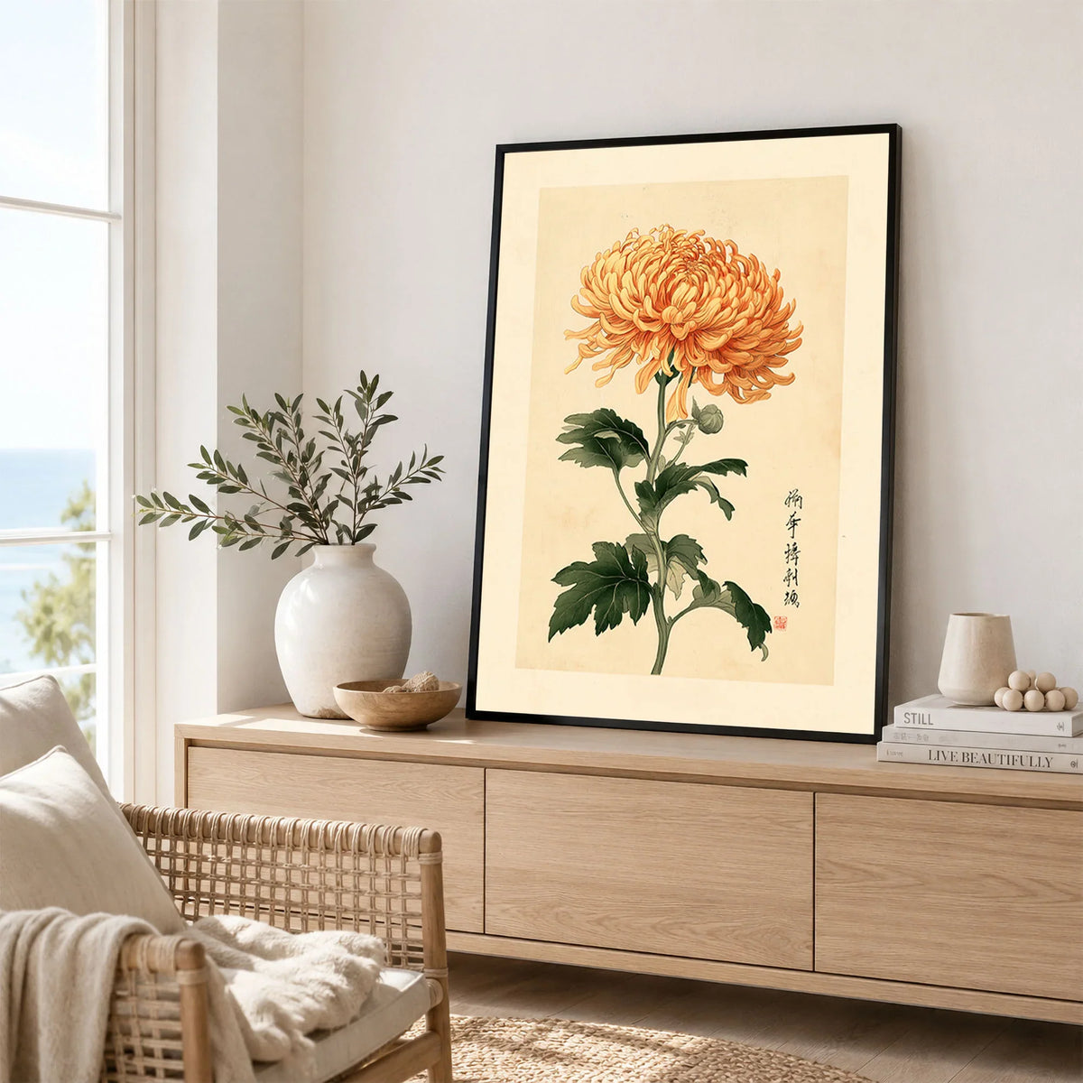 Orange Chrysanthemum Art Print – Vintage Japanese Wall Art — framed artwork living room lifestyle setting
