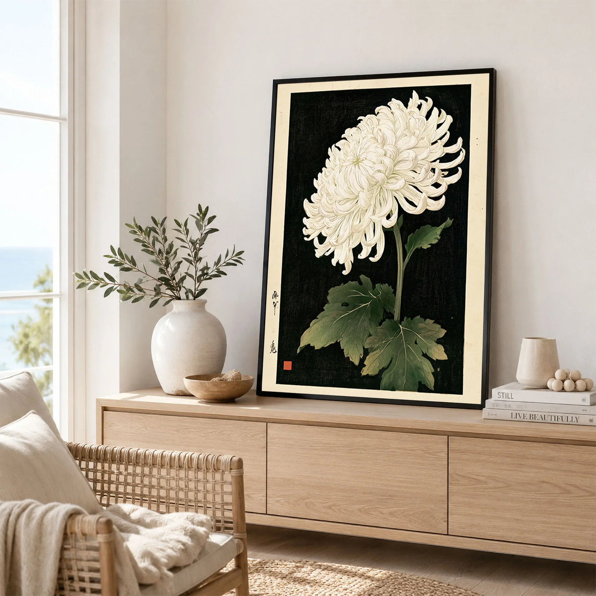 White Chrysanthemum Wall Art – Black Japanese Botanical Print — framed artwork living room lifestyle setting