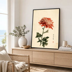 Red Chrysanthemum Art Print – Vintage Japanese Flower Wall Art — framed artwork living room lifestyle setting