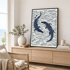 Crocodile Art Print – Blue Japanese Woodblock Wall Art — framed artwork living room lifestyle setting