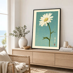 Daisy Art Print – Blue Japanese Botanical Wall Art — framed artwork living room lifestyle setting