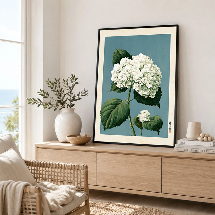 White Hydrangea Wall Art – Blue Japanese Botanical Print — framed artwork living room lifestyle setting