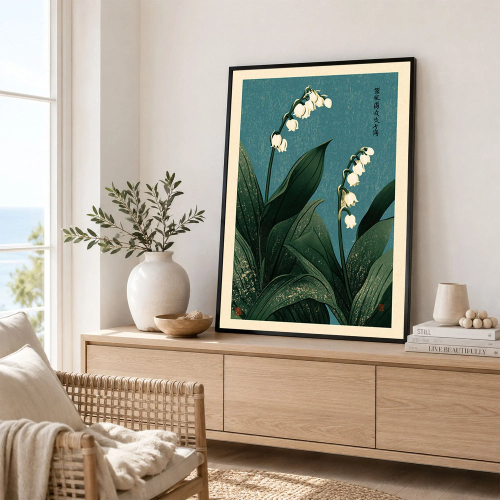 Lily of the Valley Wall Art – Vintage Japanese Botanical Print — framed artwork living room lifestyle setting