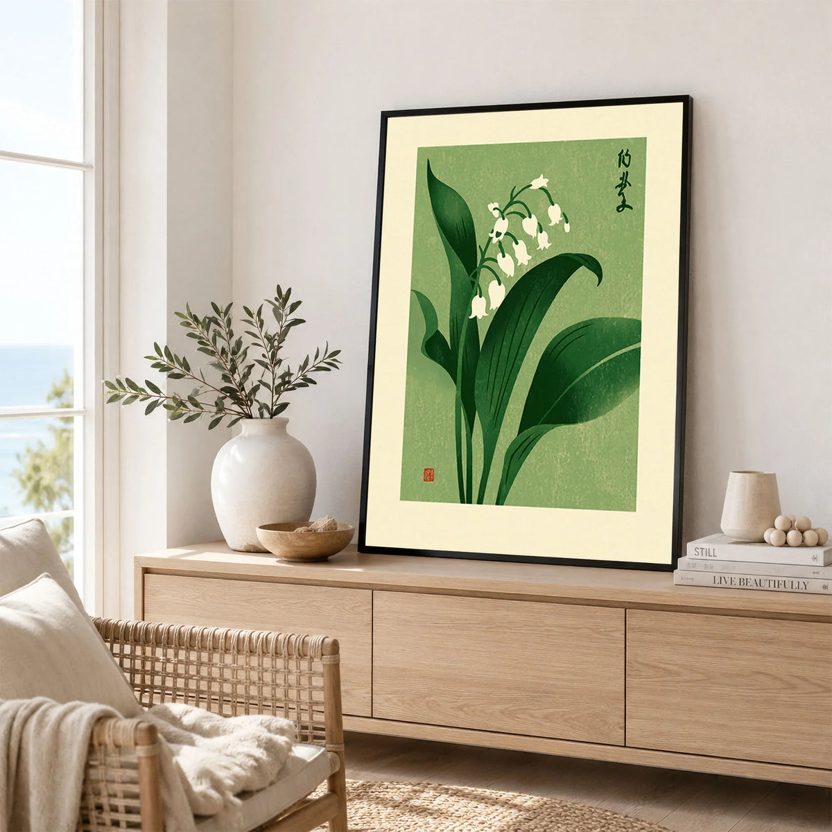 Lily of the Valley Art Print – Green Japanese Botanical Wall Art — framed artwork living room lifestyle setting