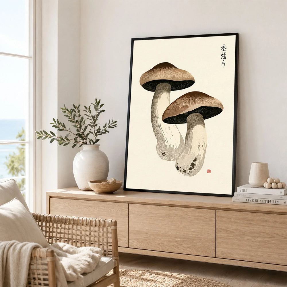 Mushroom Art Print – Vintage Japanese Botanical Wall Art — framed artwork living room lifestyle setting