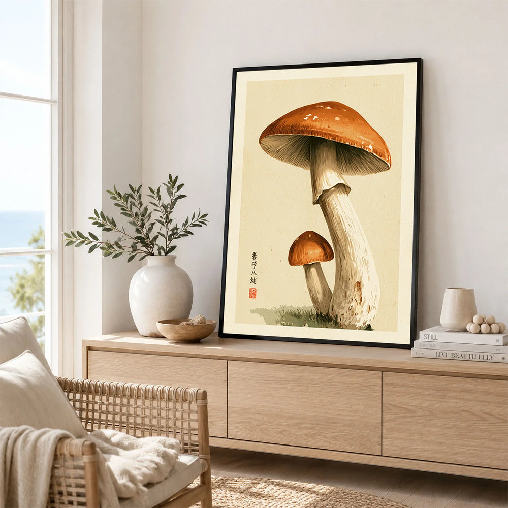 Mushroom Wall Art – Vintage Japanese Woodland Print — framed artwork living room lifestyle setting
