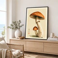 Mushroom Wall Art – Vintage Japanese Woodland Print — framed artwork living room lifestyle setting