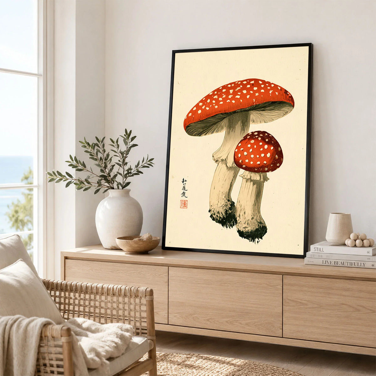 Fly Agaric Mushroom Art Print – Red Japanese Wall Art — framed artwork living room lifestyle setting