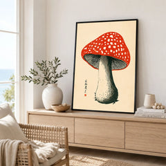 Red Mushroom Art Print – Japanese Woodblock Wall Art — framed artwork living room lifestyle setting