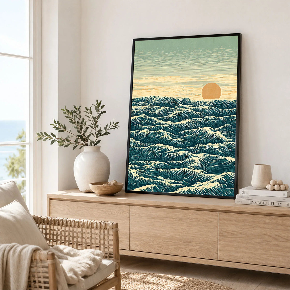 Japanese Ocean Art Print – Vintage Seascape Wall Art — framed artwork living room lifestyle setting
