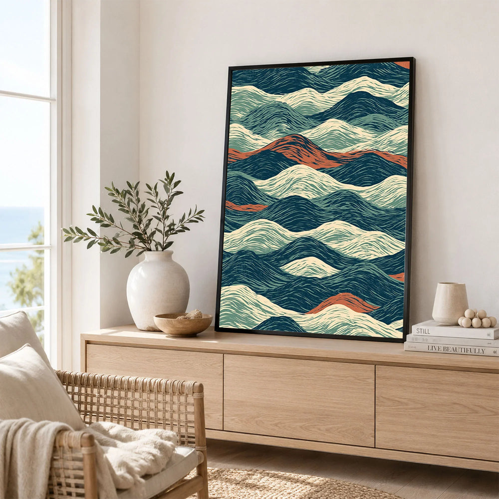 Linocut Style Ocean Art Print – Japanese Wave Pattern Wall Art — framed artwork living room lifestyle setting