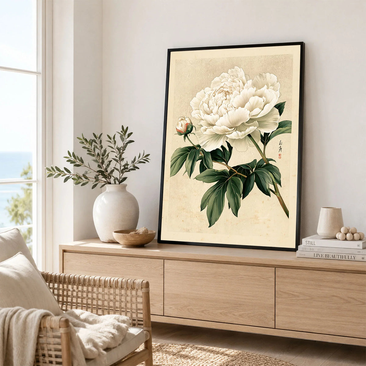White Peony Art Print – Vintage Japanese Botanical Wall Art — framed artwork living room lifestyle setting