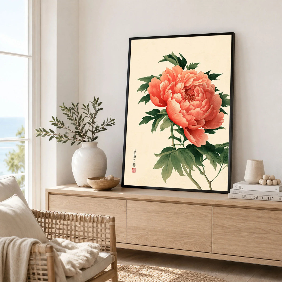 Coral Peony Art Print – Japanese Botanical Wall Art — framed artwork living room lifestyle setting