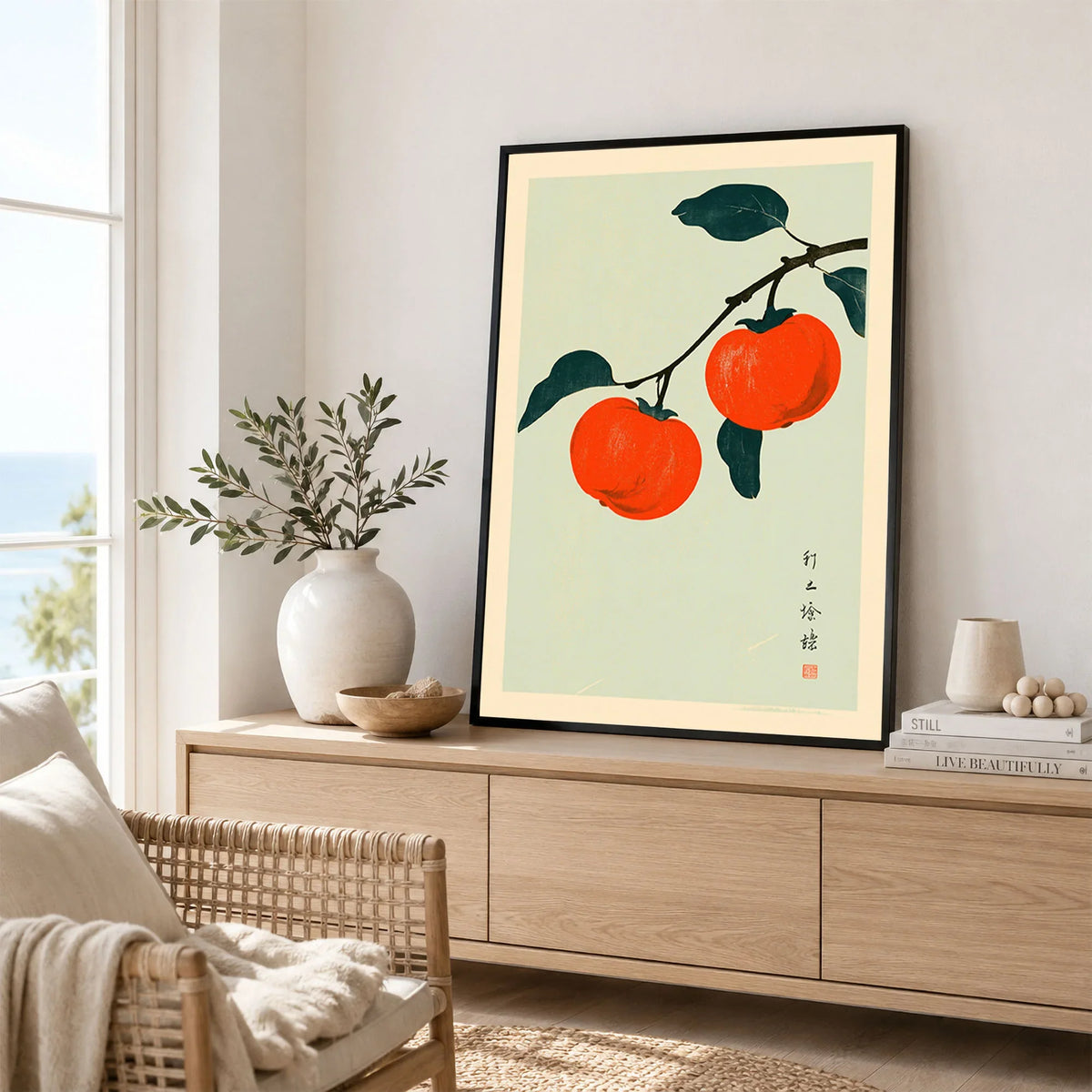 Persimmon Wall Art – Vintage Japanese Fruit Print — framed artwork living room lifestyle setting