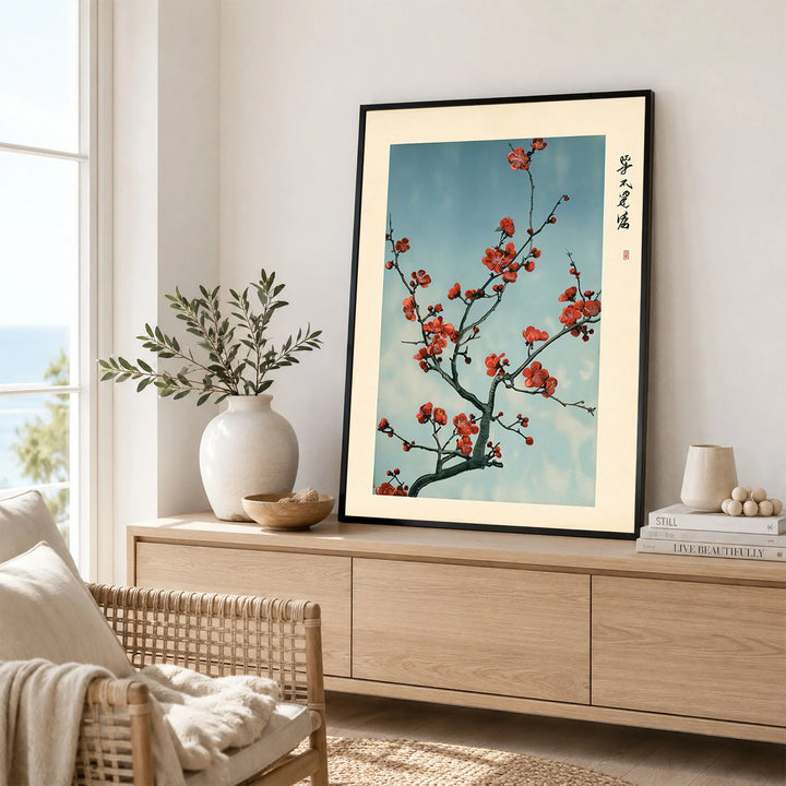 Red Plum Blossom Art Print – Blue Japanese Wall Art — framed artwork living room lifestyle setting