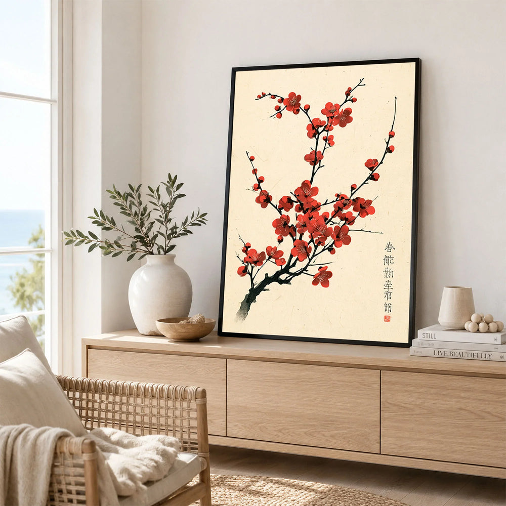 Red Blossom Art Print – Vintage Japanese Plum Wall Art — framed artwork living room lifestyle setting