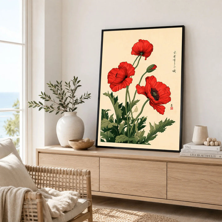 Red Poppy Art Print – Japanese Botanical Wall Art — framed artwork living room lifestyle setting
