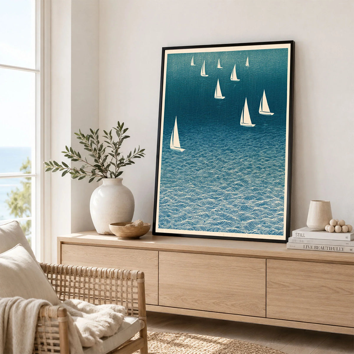 Sailing Boats Art Print – Blue Japanese Coastal Wall Art — framed artwork living room lifestyle setting