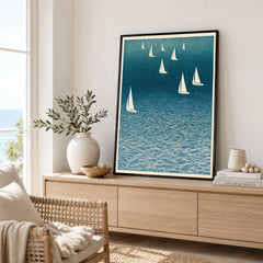 Sailing Boats Art Print – Blue Japanese Coastal Wall Art — framed artwork living room lifestyle setting