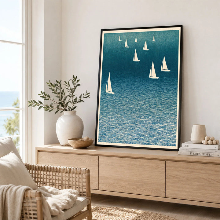 Sailing Boats Art Print – Blue Japanese Coastal Wall Art — framed artwork living room lifestyle setting