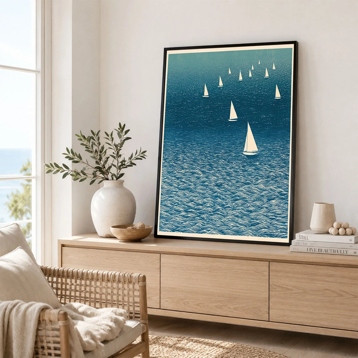 Sailboat Wall Art – Japanese Blue Ocean Print — framed artwork living room lifestyle setting