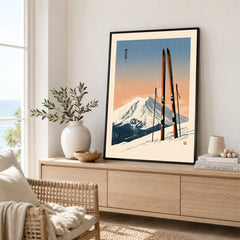 Vintage Ski Poster – Mount Fuji Japanese Alpine Wall Art — framed artwork living room lifestyle setting