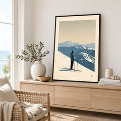 Ski Poster – Vintage Mountain Skier Wall Art — framed artwork living room lifestyle setting