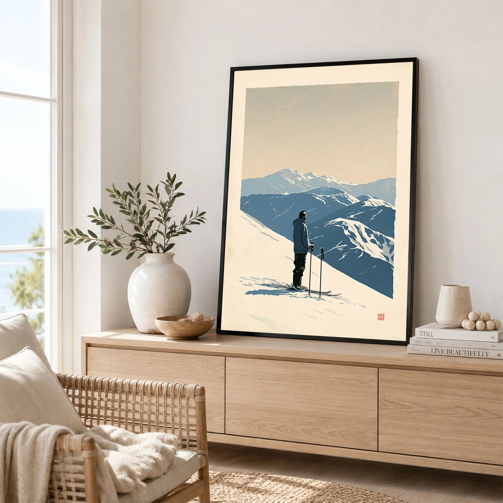 Ski Poster – Vintage Mountain Skier Wall Art — framed artwork living room lifestyle setting