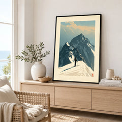 Ski Mountaineering Print – Vintage Alpine Summit Wall Art — framed artwork living room lifestyle setting