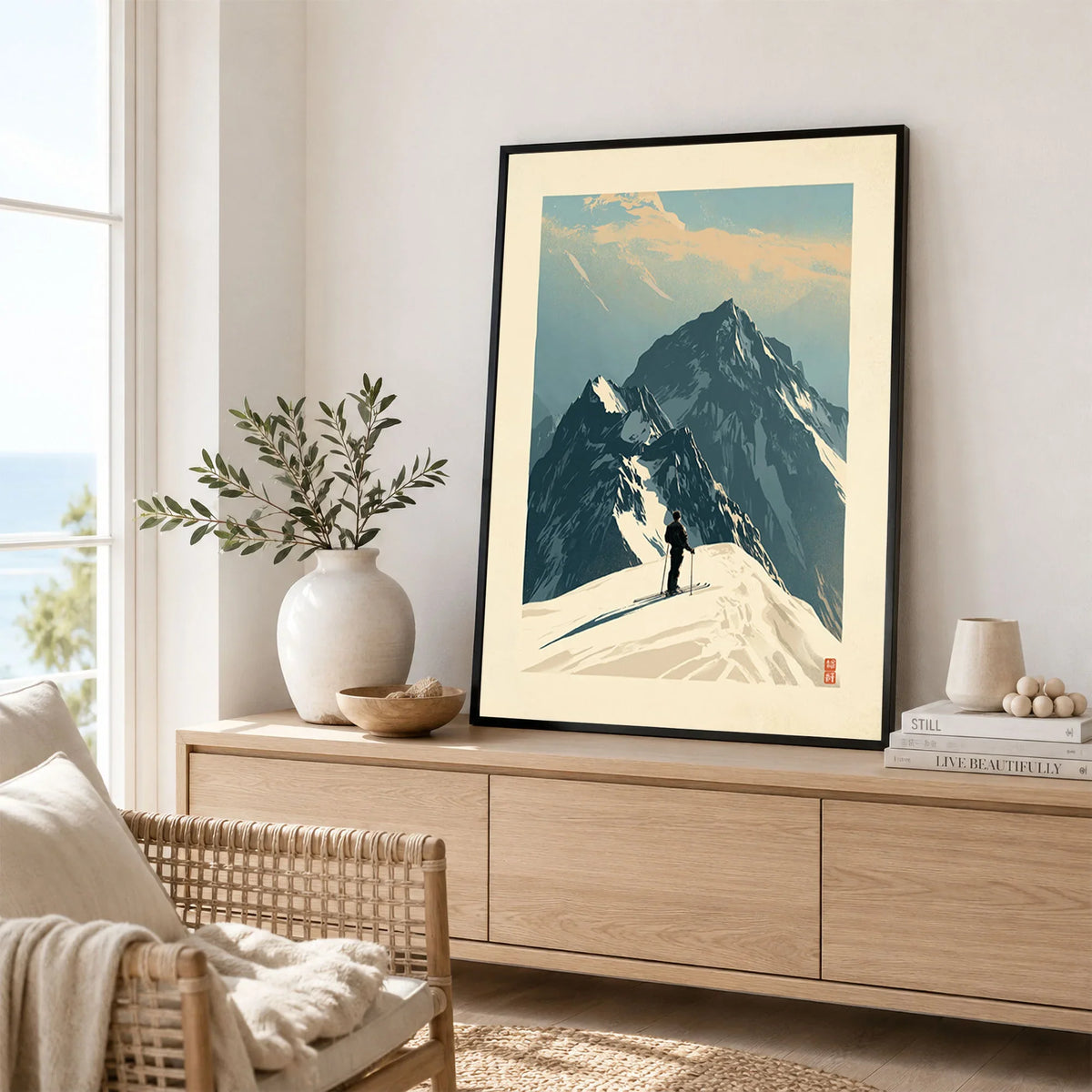 Ski Mountaineering Print – Vintage Alpine Summit Wall Art — framed artwork living room lifestyle setting