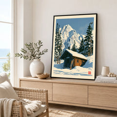 Ski Cabin Art Print – Vintage Alpine Chalet Wall Art — framed artwork living room lifestyle setting