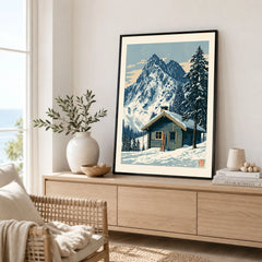 Ski Hut Poster – Vintage Alpine Cabin Wall Art — framed artwork living room lifestyle setting
