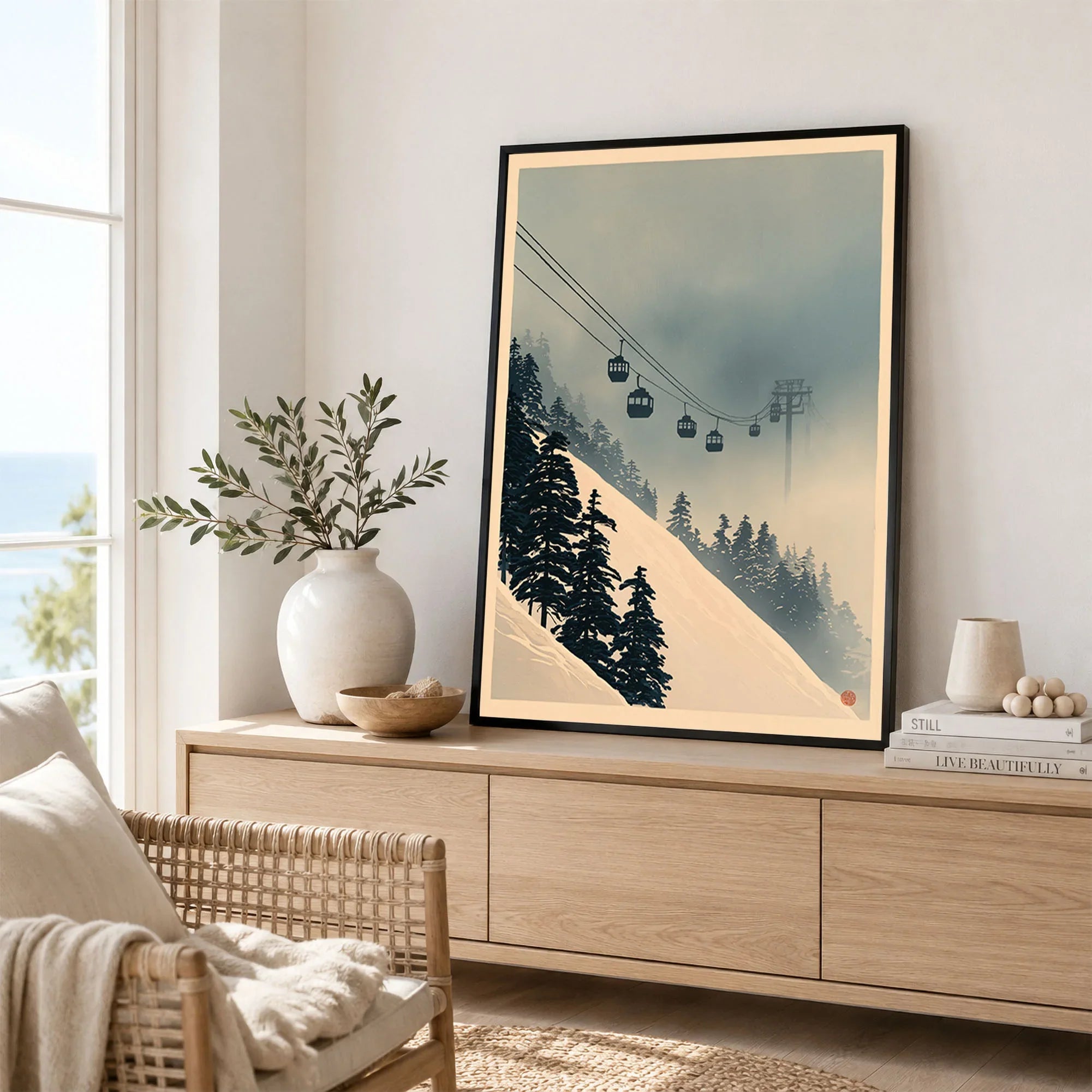 Misty Ski Lift Art Print – Vintage Alpine Gondola Wall Art — framed artwork living room lifestyle setting