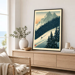 Alpine Ski Poster – Vintage Mountain Forest Wall Art — framed artwork living room lifestyle setting