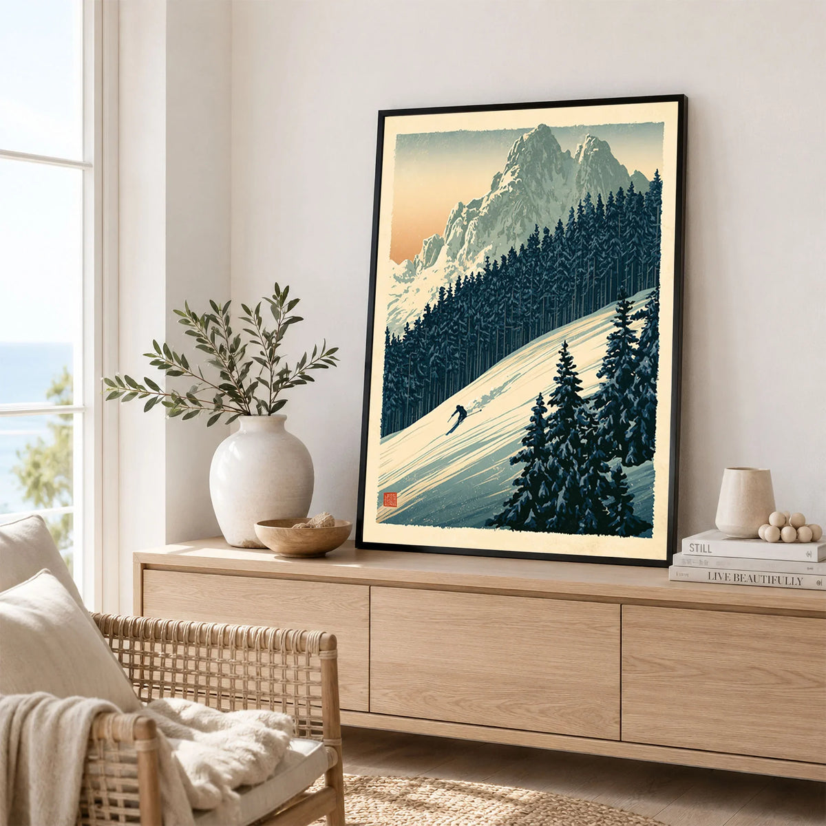 Alpine Ski Poster – Vintage Mountain Forest Wall Art — framed artwork living room lifestyle setting