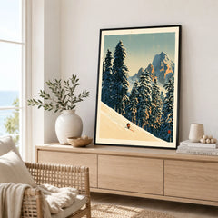 Ski Run Art Print – Vintage Alpine Forest Wall Art — framed artwork living room lifestyle setting