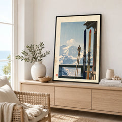 Vintage Skis Art Print – Alpine Chalet Balcony Wall Art — framed artwork living room lifestyle setting