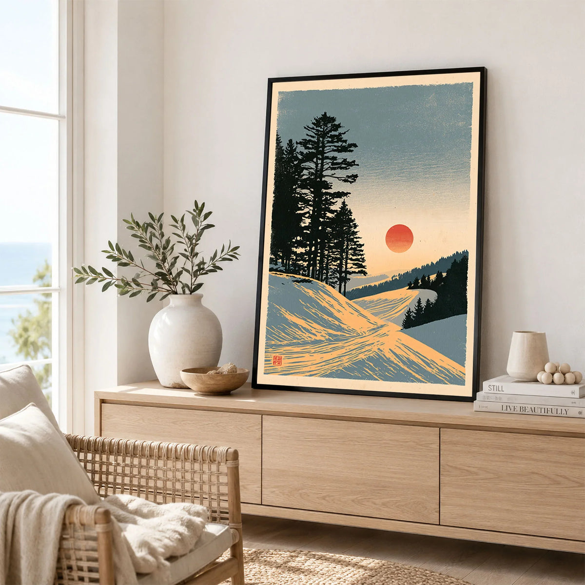 Ski Sunset Poster – Vintage Japanese Alpine Wall Art — framed artwork living room lifestyle setting