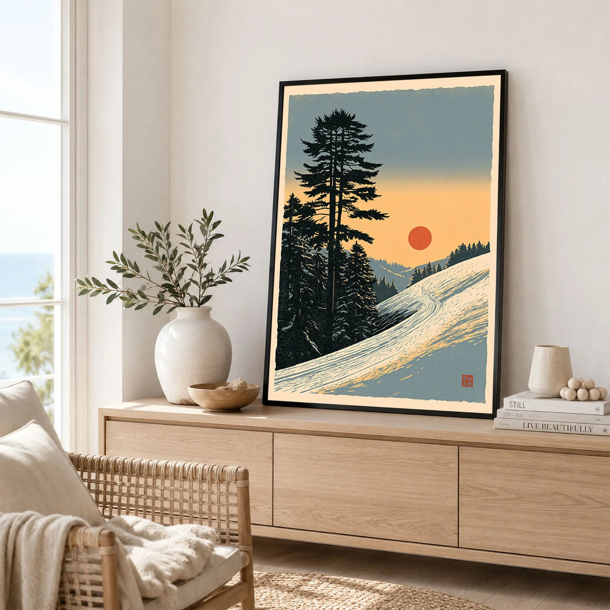 Winter Sunset Ski Print – Vintage Alpine Wall Art — framed artwork living room lifestyle setting