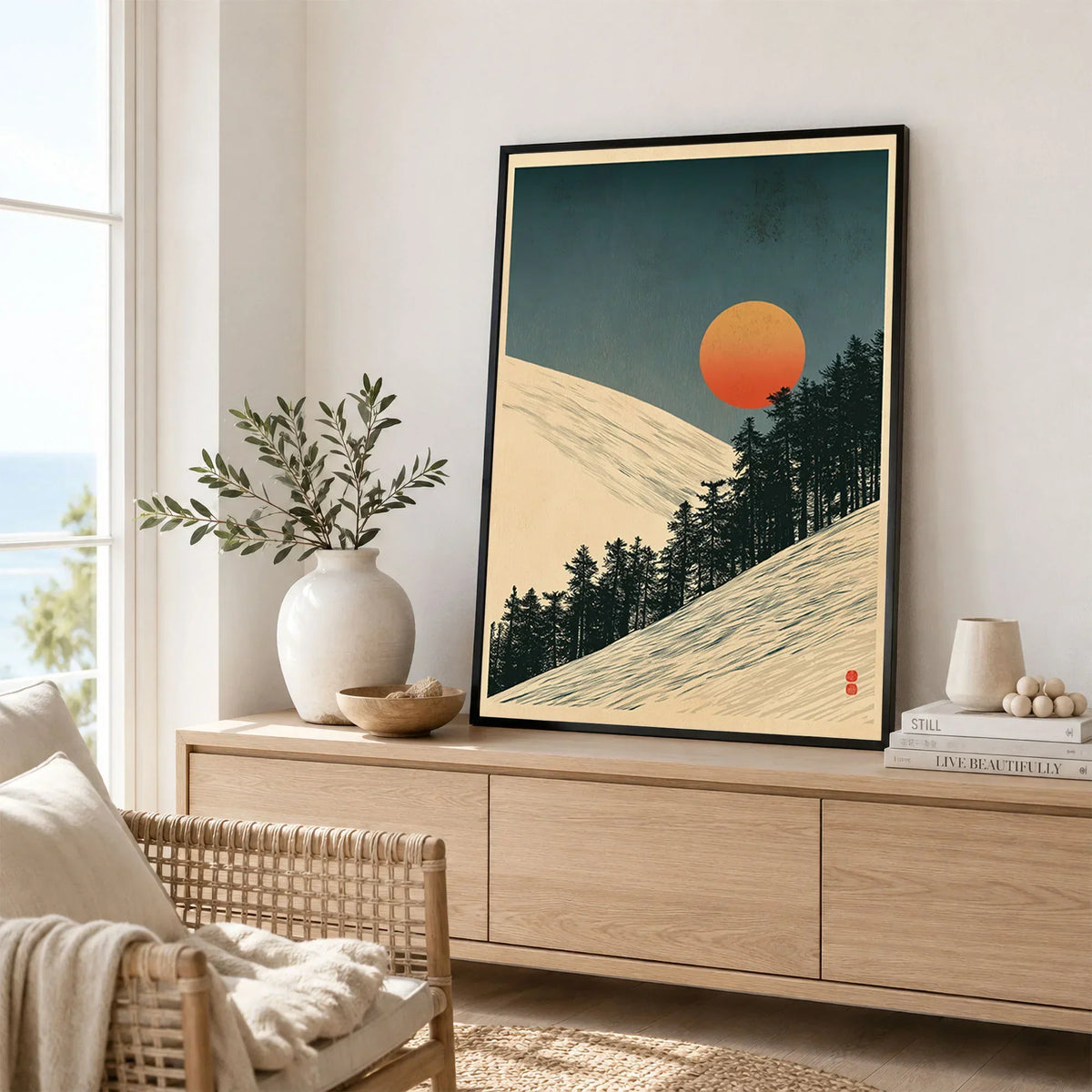 Ski Slope Art Print – Vintage Winter Sunset Wall Art — framed artwork living room lifestyle setting