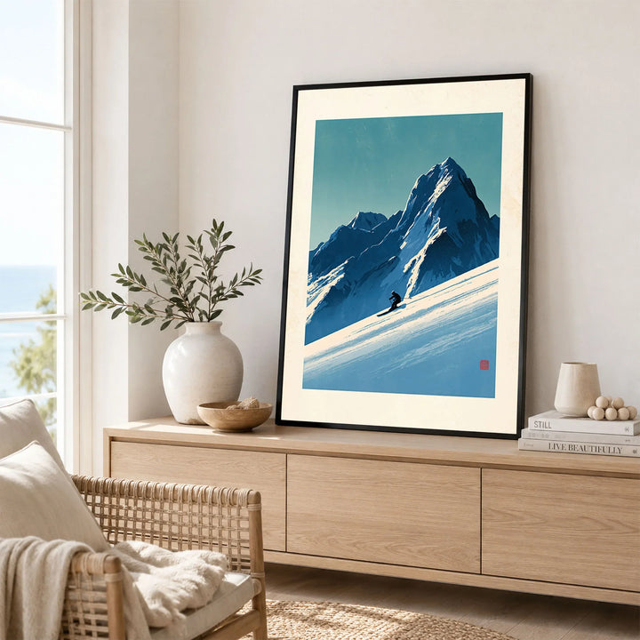 Ski Poster – Vintage Japanese Alpine Skiing Wall Art — framed artwork living room lifestyle setting