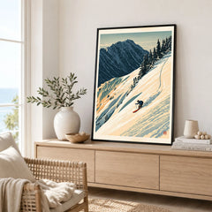 Powder Skiing Poster – Vintage Alpine Ski Wall Art — framed artwork living room lifestyle setting