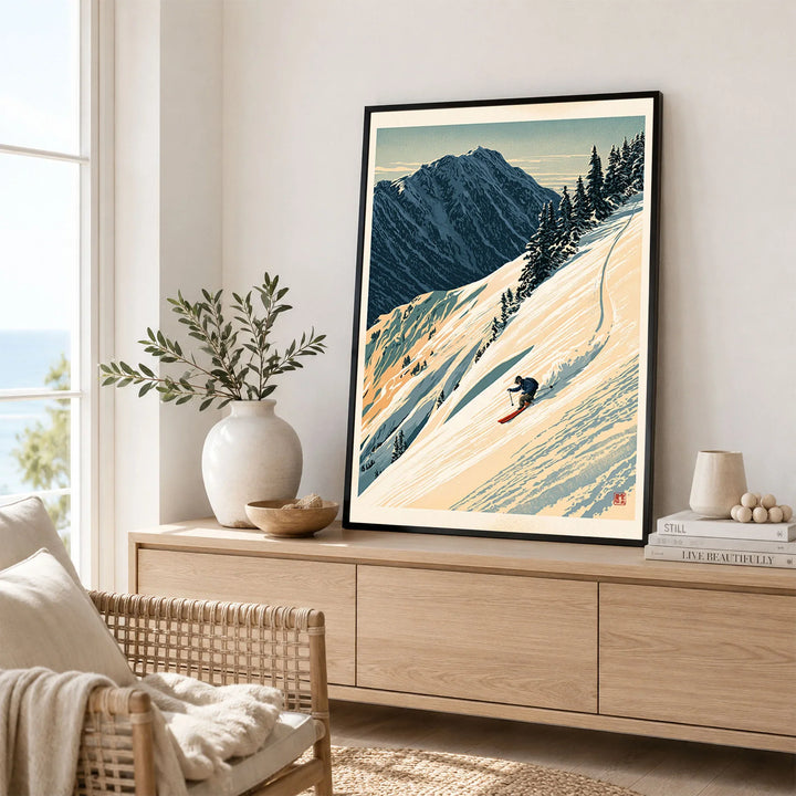 Powder Skiing Poster – Vintage Alpine Ski Wall Art — framed artwork living room lifestyle setting