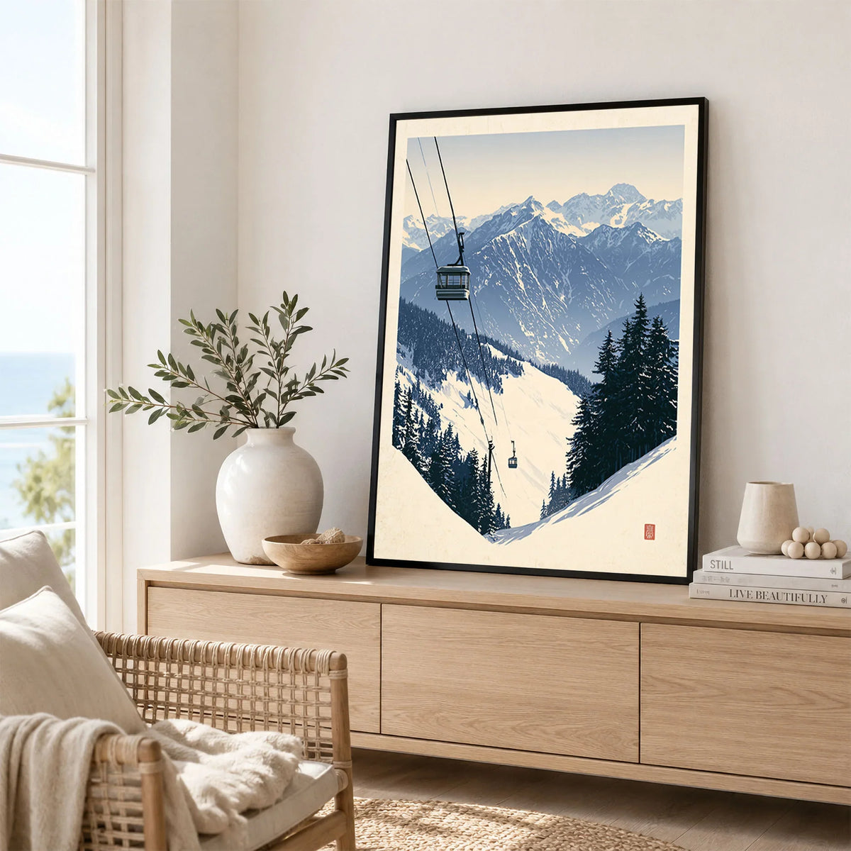 Ski Gondola Poster – Vintage Alpine Cable Car Wall Art — framed artwork living room lifestyle setting